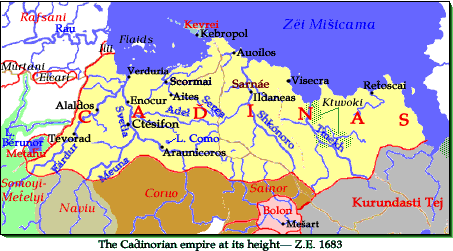 [A map of the Caďinorian empire at its height - Z.E. 1683. It reaches from west of the Eärdur to east of Sarnáe.]
